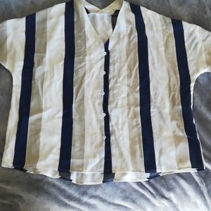 Navy blue, white and tan lines blouse